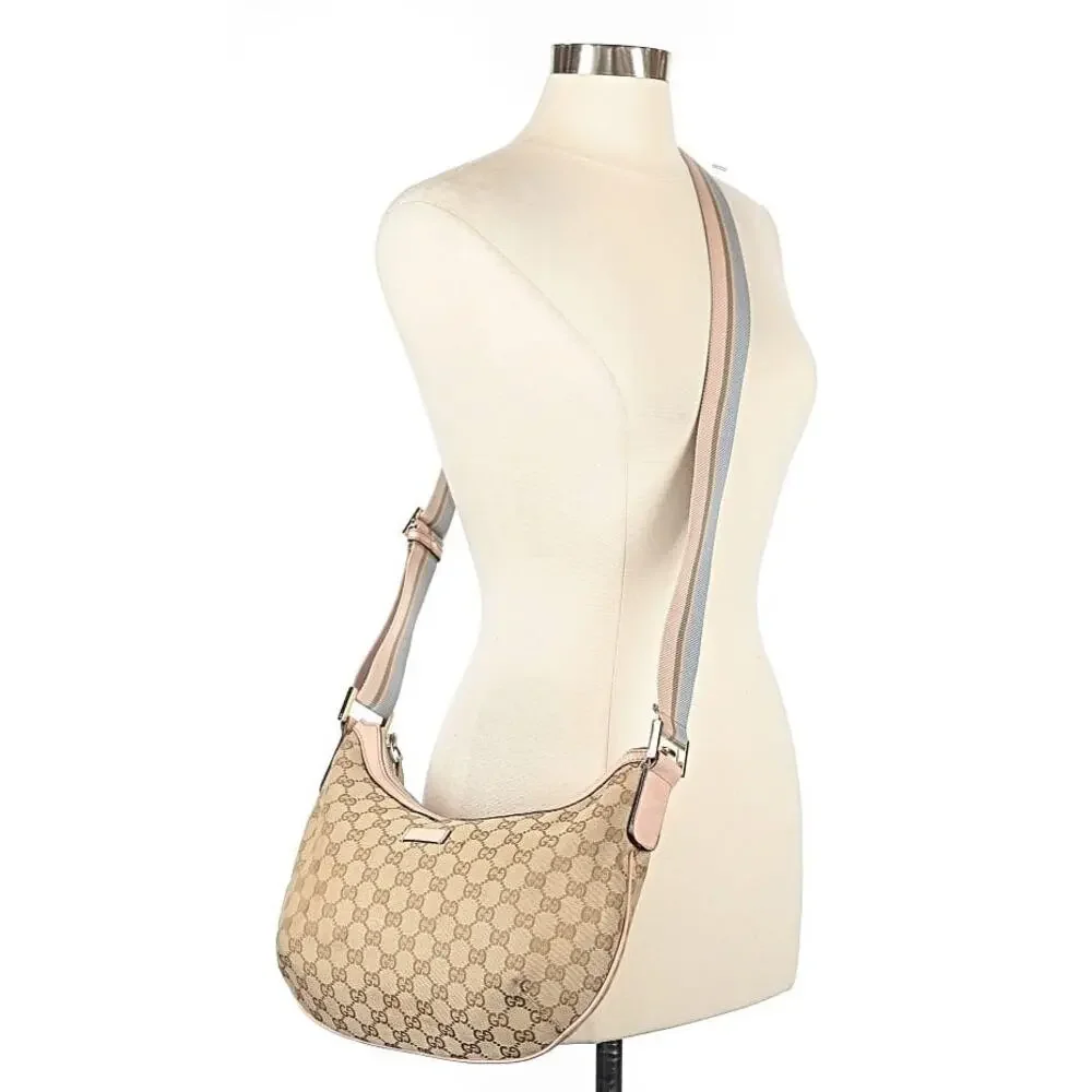 Gucci Monogram Web Medium Half Moon pastel Accents Canvas W/Leather trim.